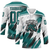 Custom White Teal Black-Gray Diagonal Grunge Brush Stroke Halftone Lace Neck Hockey Jersey