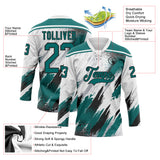 Custom White Teal Black-Gray Diagonal Grunge Brush Stroke Halftone Lace Neck Hockey Jersey