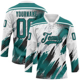Custom White Teal Black-Gray Diagonal Grunge Brush Stroke Halftone Lace Neck Hockey Jersey