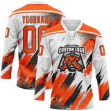 Custom White Orange Black-Gray Diagonal Grunge Brush Stroke Halftone Lace Neck Hockey Jersey