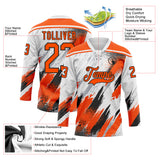 Custom White Orange Black-Gray Diagonal Grunge Brush Stroke Halftone Lace Neck Hockey Jersey