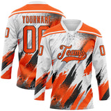 Custom White Orange Black-Gray Diagonal Grunge Brush Stroke Halftone Lace Neck Hockey Jersey
