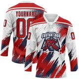 Custom White Red Navy-Gray Diagonal Grunge Brush Stroke Halftone Lace Neck Hockey Jersey
