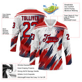 Custom White Red Navy-Gray Diagonal Grunge Brush Stroke Halftone Lace Neck Hockey Jersey