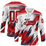 Custom White Red Navy-Gray Diagonal Grunge Brush Stroke Halftone Lace Neck Hockey Jersey