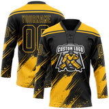 Custom Black-Gold Diagonal Scratch Brush Stroke Paint Splatter Lace Neck Hockey Jersey