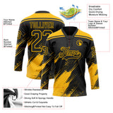 Custom Black-Gold Diagonal Scratch Brush Stroke Paint Splatter Lace Neck Hockey Jersey