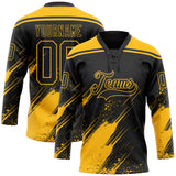 Custom Black-Gold Diagonal Scratch Brush Stroke Paint Splatter Lace Neck Hockey Jersey