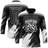 Custom Black-White Diagonal Scratch Brush Stroke Paint Splatter Lace Neck Hockey Jersey