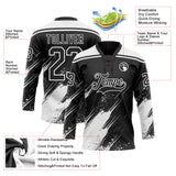 Custom Black-White Diagonal Scratch Brush Stroke Paint Splatter Lace Neck Hockey Jersey