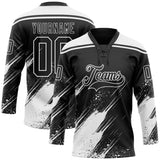 Custom Black-White Diagonal Scratch Brush Stroke Paint Splatter Lace Neck Hockey Jersey