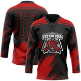 Custom Black-Red Diagonal Scratch Brush Stroke Paint Splatter Lace Neck Hockey Jersey