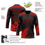 Custom Black-Red Diagonal Scratch Brush Stroke Paint Splatter Lace Neck Hockey Jersey