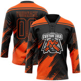 Custom Black-Orange Diagonal Scratch Brush Stroke Paint Splatter Lace Neck Hockey Jersey
