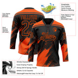 Custom Black-Orange Diagonal Scratch Brush Stroke Paint Splatter Lace Neck Hockey Jersey