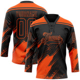 Custom Black-Orange Diagonal Scratch Brush Stroke Paint Splatter Lace Neck Hockey Jersey