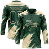 Custom Green-Cream Diagonal Scratch Brush Stroke Paint Splatter Lace Neck Hockey Jersey