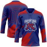 Custom Royal Thunder Blue-Red Diagonal Scratch Brush Stroke Paint Splatter Lace Neck Hockey Jersey