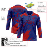 Custom Royal Thunder Blue-Red Diagonal Scratch Brush Stroke Paint Splatter Lace Neck Hockey Jersey