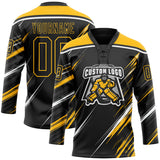 Custom Black Gold-White Diagonal Scratch Brush Stroke Lace Neck Hockey Jersey
