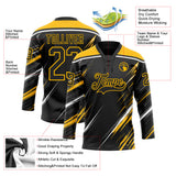 Custom Black Gold-White Diagonal Scratch Brush Stroke Lace Neck Hockey Jersey