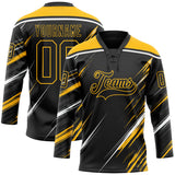 Custom Black Gold-White Diagonal Scratch Brush Stroke Lace Neck Hockey Jersey