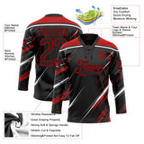 Custom Black Red-White Diagonal Scratch Brush Stroke Lace Neck Hockey Jersey