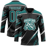 Custom Black Teal-White Diagonal Scratch Brush Stroke Lace Neck Hockey Jersey