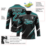 Custom Black Teal-White Diagonal Scratch Brush Stroke Lace Neck Hockey Jersey