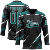 Custom Black Teal-White Diagonal Scratch Brush Stroke Lace Neck Hockey Jersey
