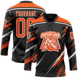 Custom Black Orange-White Diagonal Scratch Brush Stroke Lace Neck Hockey Jersey
