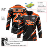 Custom Black Orange-White Diagonal Scratch Brush Stroke Lace Neck Hockey Jersey