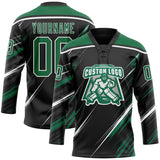 Custom Black Kelly Green-White Diagonal Scratch Brush Stroke Lace Neck Hockey Jersey