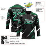 Custom Black Kelly Green-White Diagonal Scratch Brush Stroke Lace Neck Hockey Jersey