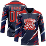 Custom Navy Red US Navy Blue-White Diagonal Scratch Brush Stroke Lace Neck Hockey Jersey