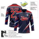 Custom Navy Red US Navy Blue-White Diagonal Scratch Brush Stroke Lace Neck Hockey Jersey