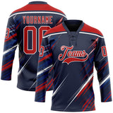 Custom Navy Red US Navy Blue-White Diagonal Scratch Brush Stroke Lace Neck Hockey Jersey