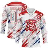 Custom White Red US Navy Blue-Gray Diagonal Scratch Brush Stroke Lace Neck Hockey Jersey