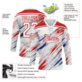 Custom White Red US Navy Blue-Gray Diagonal Scratch Brush Stroke Lace Neck Hockey Jersey