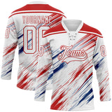 Custom White Red US Navy Blue-Gray Diagonal Scratch Brush Stroke Lace Neck Hockey Jersey