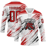 Custom White Red Black-Gray Diagonal Scratch Brush Stroke Lace Neck Hockey Jersey
