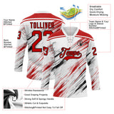 Custom White Red Black-Gray Diagonal Scratch Brush Stroke Lace Neck Hockey Jersey