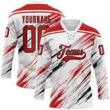 Custom White Red Black-Gray Diagonal Scratch Brush Stroke Lace Neck Hockey Jersey