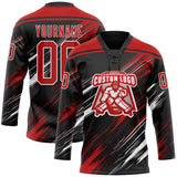 Custom Black Red-White Diagonal Scratch Brush Stroke Lace Neck Hockey Jersey