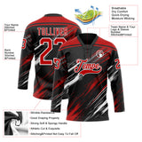 Custom Black Red-White Diagonal Scratch Brush Stroke Lace Neck Hockey Jersey