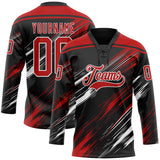 Custom Black Red-White Diagonal Scratch Brush Stroke Lace Neck Hockey Jersey