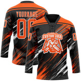 Custom Black Orange-White Diagonal Scratch Brush Stroke Lace Neck Hockey Jersey