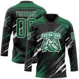 Custom Black Kelly Green-White Diagonal Scratch Brush Stroke Lace Neck Hockey Jersey