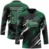 Custom Black Kelly Green-White Diagonal Scratch Brush Stroke Lace Neck Hockey Jersey