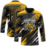 Custom Black Gold-White Diagonal Scratch Brush Stroke Lace Neck Hockey Jersey